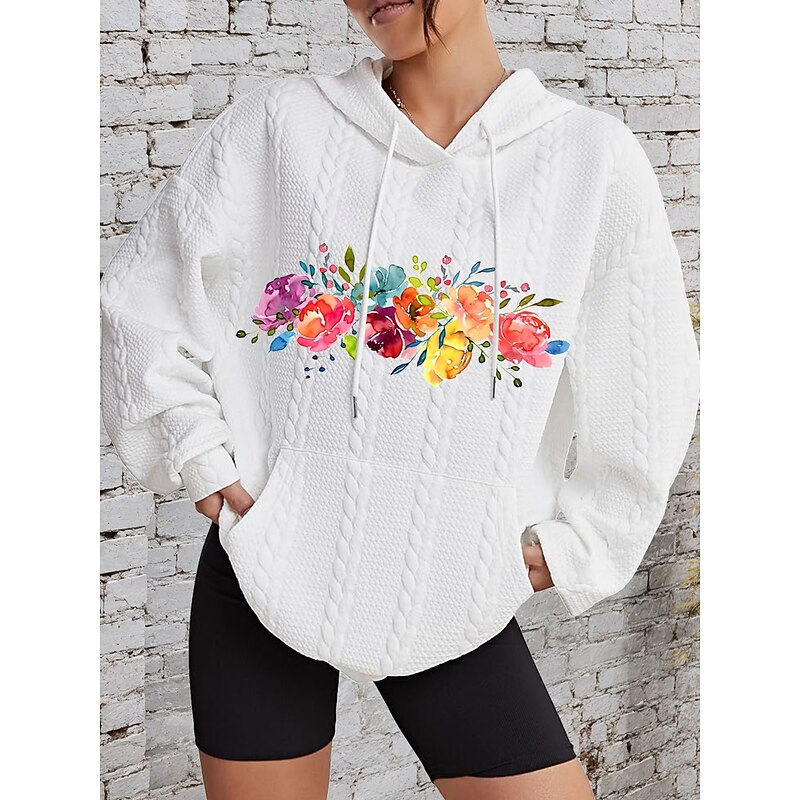 Women's Hoodies Floral Graphic Sportswear Casual Long Sleeve Hooded Regular Tops Casual Sports Drawstring Print Front Pocket Black White Pink Gray Fall Winter2