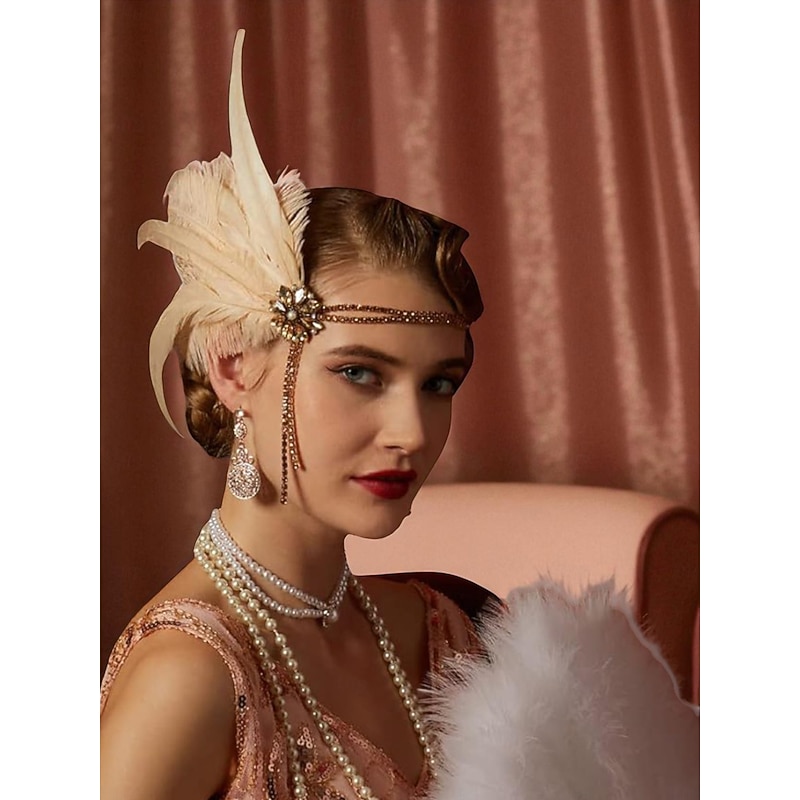 Women's 1920s Feather Headband with Rhinestone Flower - Vintage Gatsby Party Flapper Hair Accessory2
