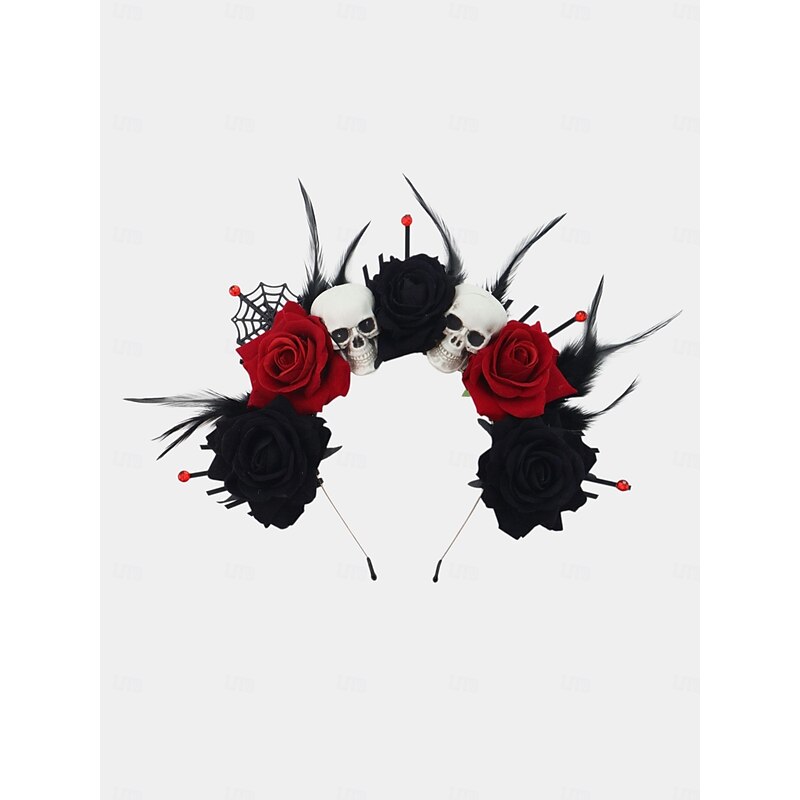 Women's Gothic Halloween Skull Rose Headband - Red and Black Flower Crown with Feathers and Spider Web for Costume Parties and Cosplay4