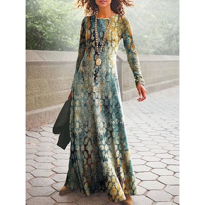 Women's Maxi Dress Sheath Dress A Line Dress Casual Daily Loose Fit Graphic Geometric Long Sleeve Crew Neck Black White Blue Brown Spring Fall Winter3