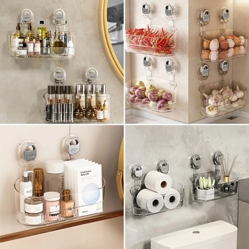 Suction Cup Storage Rack with Drain Hole Wall Mounted Organizer for Home Bathroom Durable Suction Cup Holder Large Capacity Vanity Shelf Storage Rack for Toiletries Essentials2
