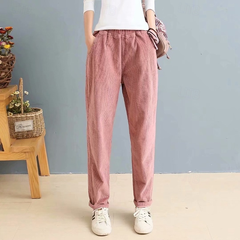 Women's Corduroy Pants Slacks Straight Streetwear Casual Full Length Natural Plain Pocket Elastic Waist Comfy Holiday Weekend Apricot Grey Black Pink Fall Regular Fit