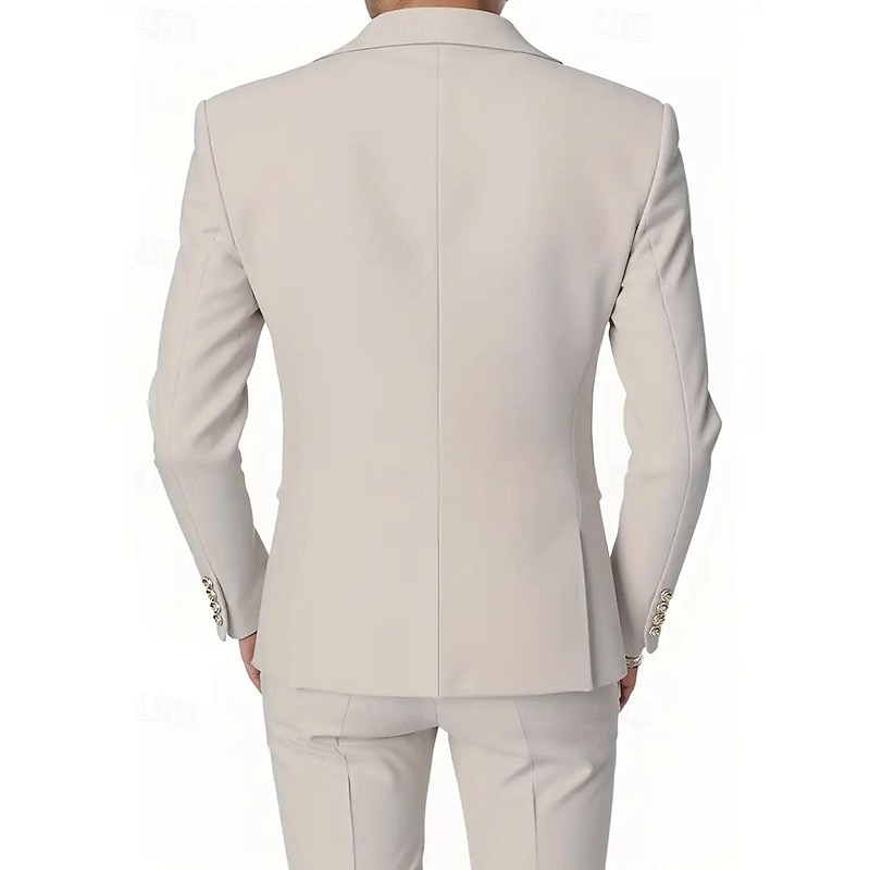 Men's Business Casual Wedding Suits Peaked Lapel Beige Formal Solid Colored Tailored Fit 2 Piece Double Breasted Six-buttons2