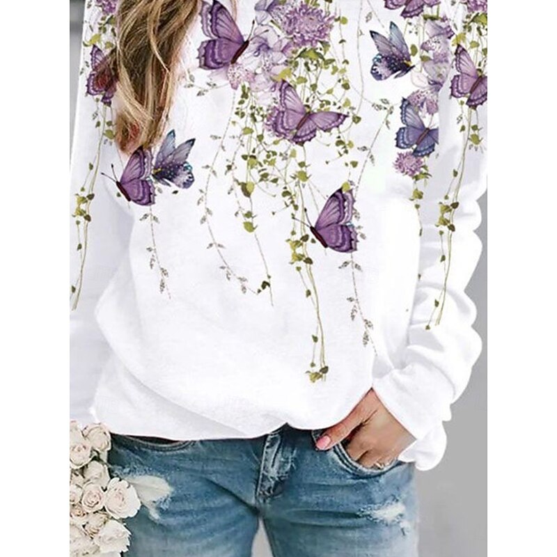Women's Sweatshirts Graphic Butterfly Warm Classic Casual Long Sleeve Crew Neck Round Neck Regular Tops Home Street Dailywear Print White Spring Fall Winter3