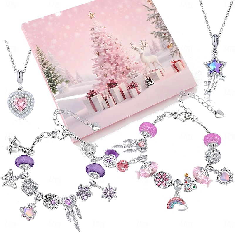 Christmas Advent Calendar Bracelets 2025 for Girls, Pink Style 31 Days DIY Jewelry Making Kit with 27 Charm Accessories, 2 Adjustable Bracelets and 2 Necklaces, Xmas Countdown Gift for Kids Teens Wo2