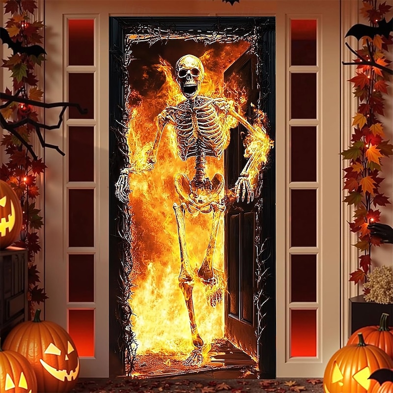 Halloween Door Cover Outdoor Banners Skeleton Flame Psychedelic Dark Punk Gothic Style Party Outdoor Shooting Backgrounds Front Door Wall Porch Home Decor2