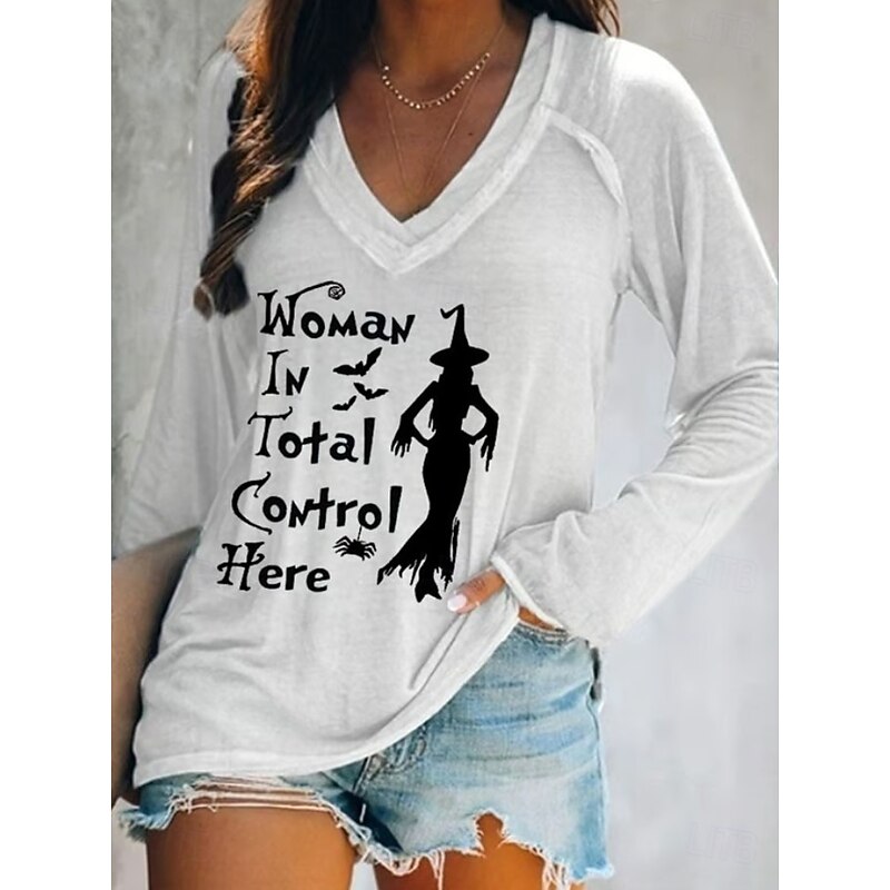 Halloween Women's T shirt Witch Long Sleeve Graphic Vintage Stylish Classic Long Sleeve V Neck Regular Tops Daily Print Black White Orange Gray Spring Fall Prefall3