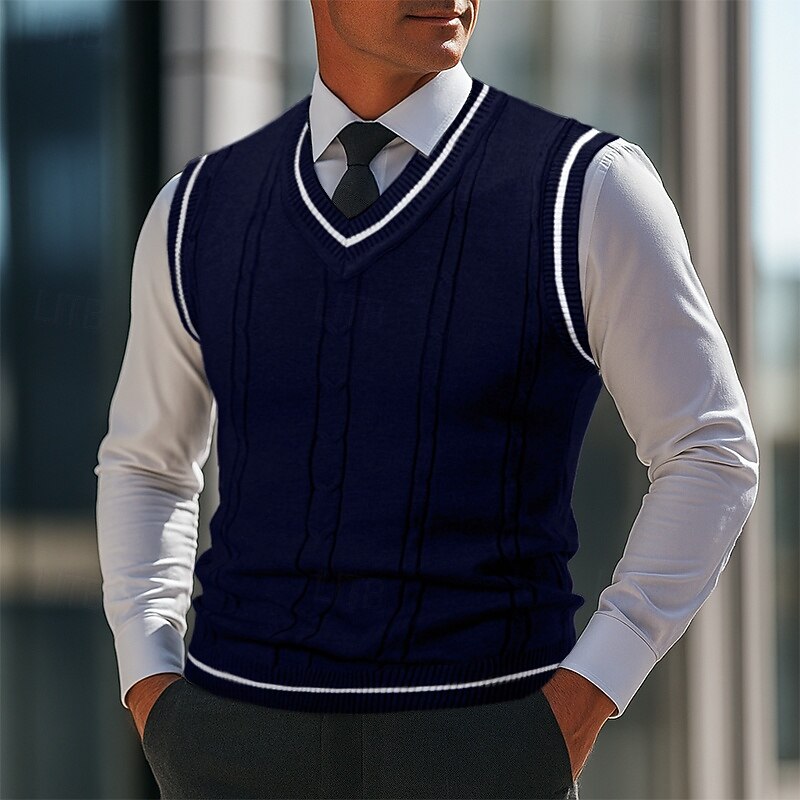 Men's Sweater Sweater Vest Pullover Sweater Jumper Vest Ribbed Knit Regular Tops Knitted Slim Fit Plain V Neck Knitwear Contemporary Casual Daily Wear Clothing Apparel Fall Black White L XL 2XL3