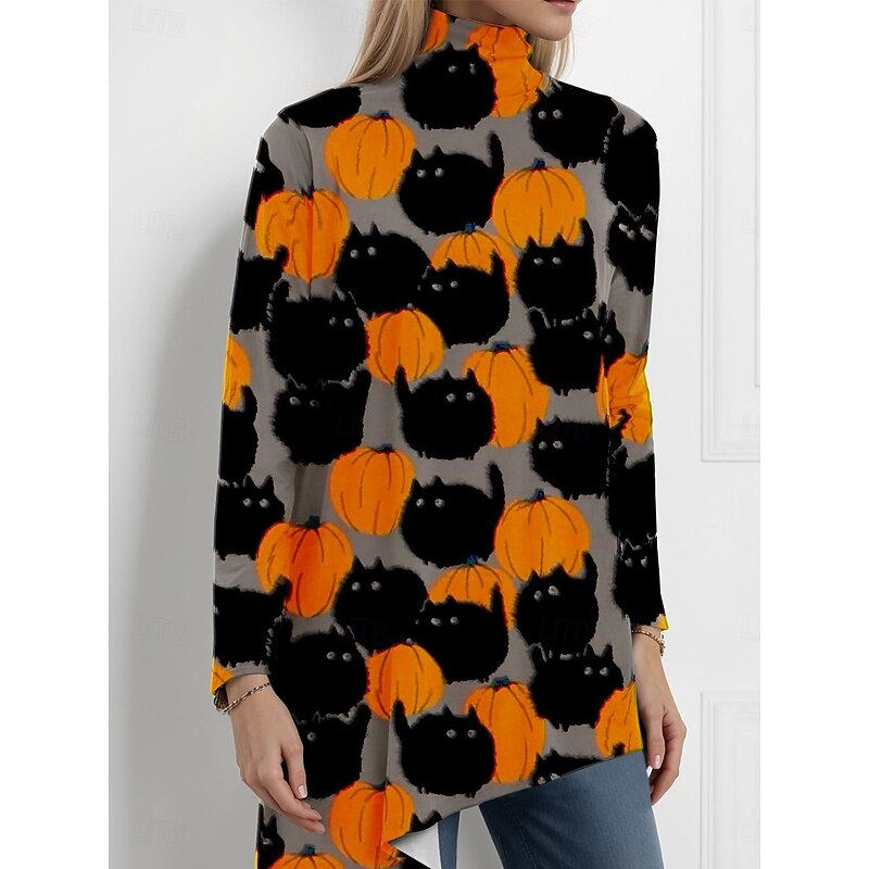 Halloween Women's Blouse Floral Graphic Skull Elegant Active Stylish Long Sleeve Turtleneck High Neck Long Tops Party Evening Wear Daily Going out Asymmetric Hem Orange Summer Spring Fall Winter2