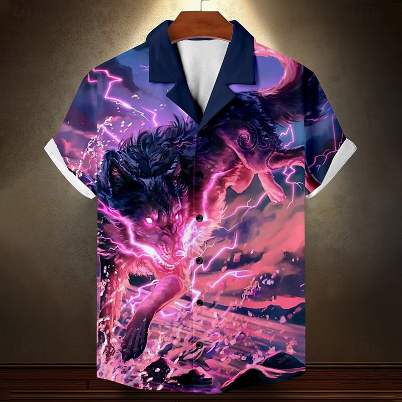 Halloween Men's Wolf Lightening Halloween Costumes Shirt Cuban Collar Shirt Button Up Shirt Short Sleeve Dark Gothic Style Holiday Summer Camp Collar Shirt 3D Print Dark Blue