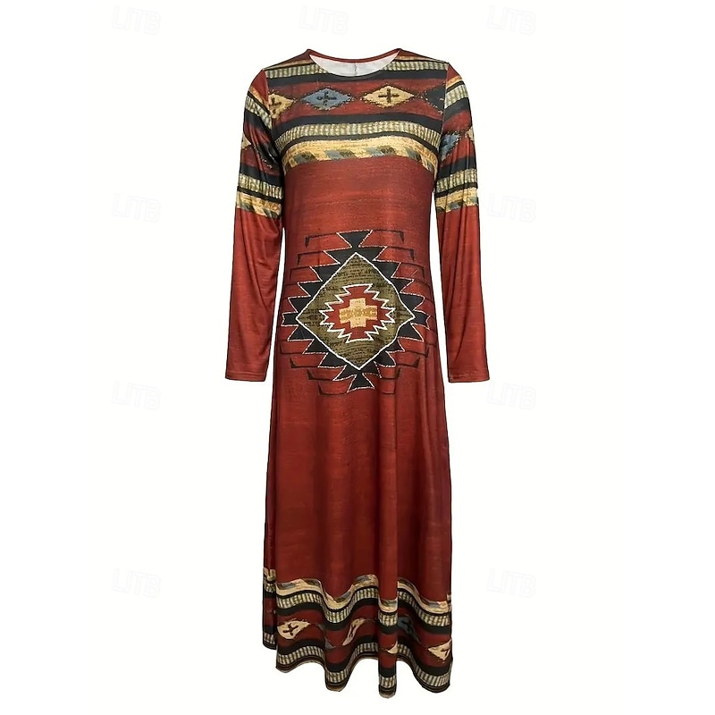 Women's Maxi Dress Shift Dress A Line Dress Party Casual Boho Daily Date Going out Regular Fit Tie Dye Tribal Long Sleeve Crew Neck Red Blue Purple Green Spring Fall Winter Autumn2