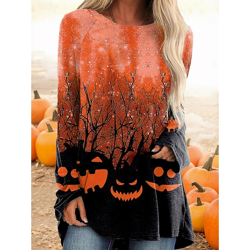 Halloween Women's T shirt Pumpkin Ombre Graphic Vintage Stylish Casual Long Sleeve Crew Neck Long Tops Daily Print Blue Purple Fuchsia Orange Green Spring Fall3