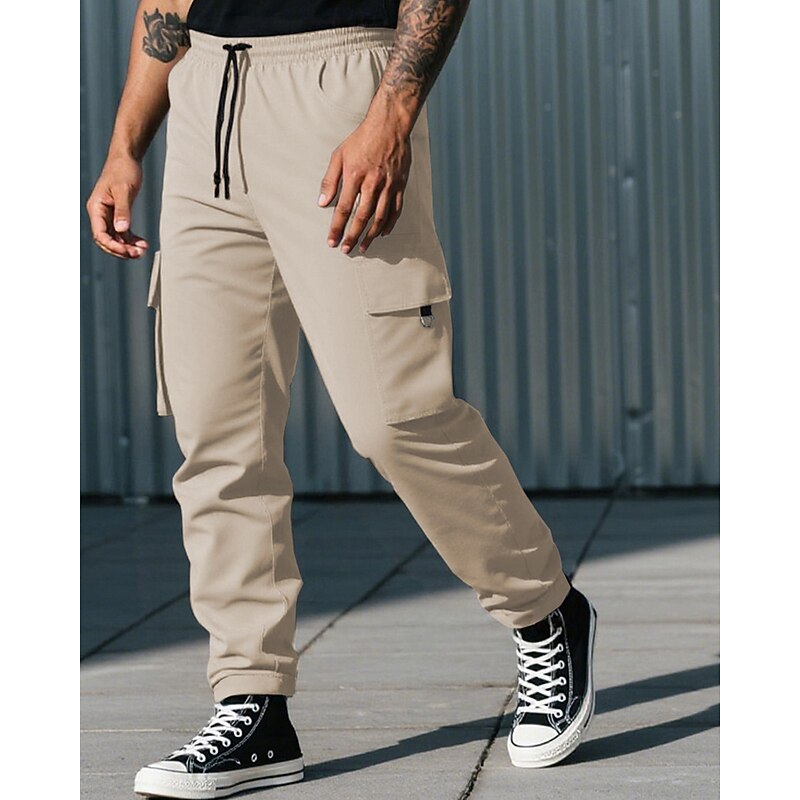 Men's Cargo Pants Trousers Drawstring Elastic Waist Multi Pocket Plain Camouflage Wearable Outdoor Daily Camping & Hiking Fashion Classic Black Army Green3
