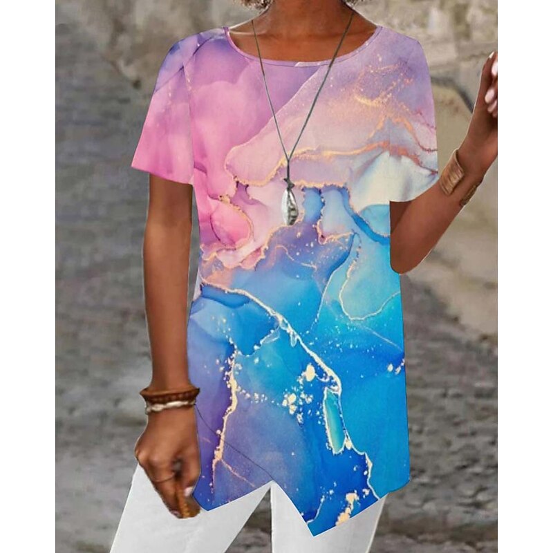 Women's T Shirt Tee Top Graphic Fashion Modern Short Sleeve Crew Neck Regular Tops Daily Going out Beach Wear Print Asymmetrical Blue Sky Blue Purple Rose Pink Light Blue Summer2