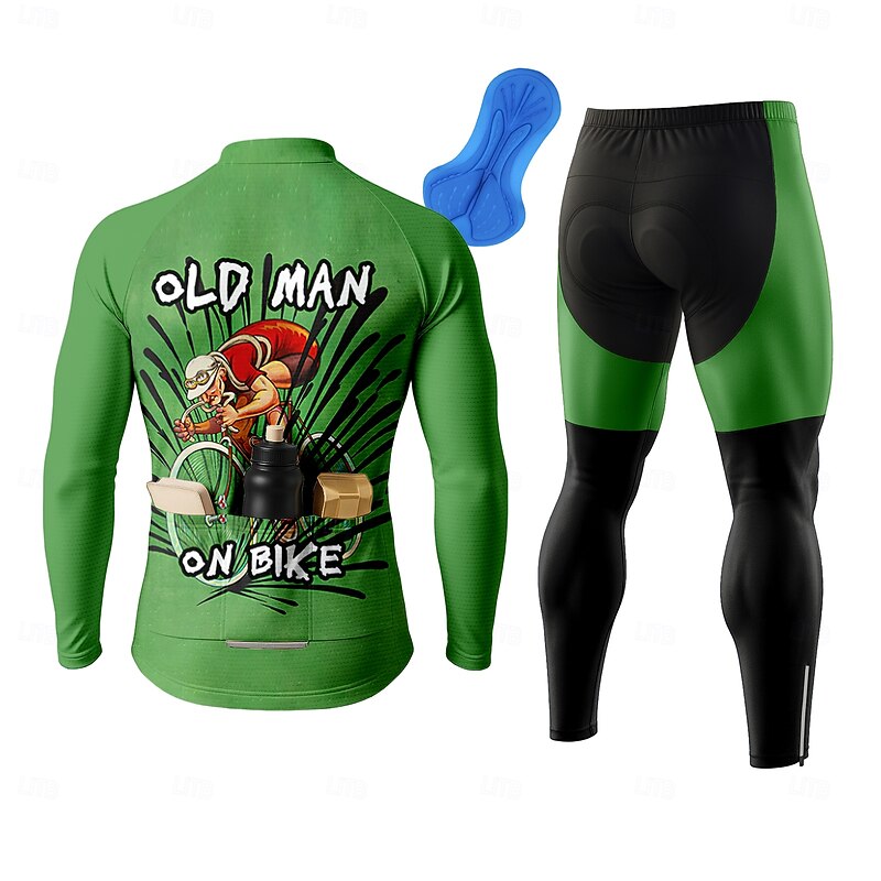 Men's Cycling Jersey with Tights Long Sleeve Green Bike Thermal Warm 3D Pad Quick Dry Anatomic Design Ultraviolet Resistant Sports Graphic Number Patterned Clothing Apparel2