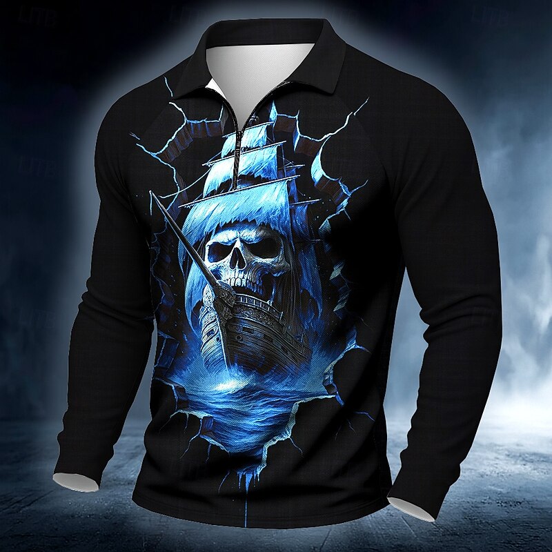 Day of the Dead Men's Haunted Pirate Ship Polo Long Sleeve Polo Shirts Casual Dark Outdoor Street Daily Wear 3D Print Quarter Zip Polo Spring Fall Winter Lake blue Red Blue3
