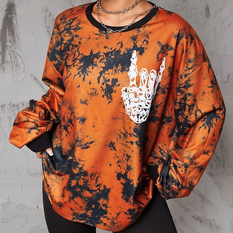 Punk & Gothic Sweatshirt Pumpkin Oversized Tie Dye Print Skeleton Hand Fancy Dress Women's Halloween Carnival Party Casual Adults Shirt