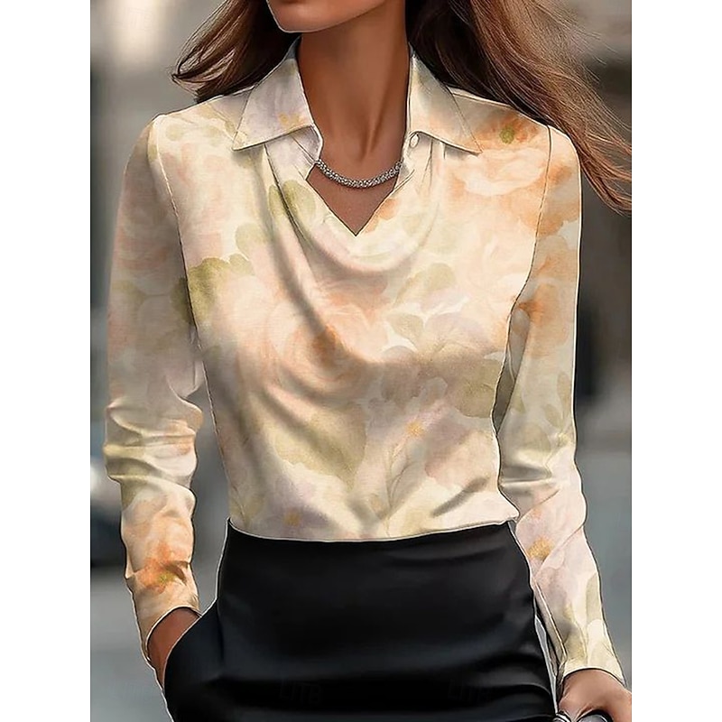 Women's Shirt Floral Graphic Elegant Stylish Casual Long Sleeve Cowl Neck Regular Tops Work Party Evening Wear Daily Ruched Draped Yellow Emerald Green Green Beige Summer Fall2
