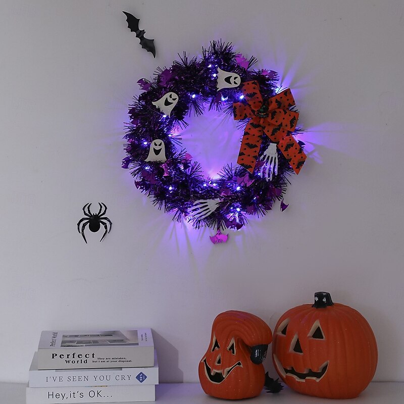 1 Pc diameter 35CM Halloween LED Rose Ghost Skull Luminous Wreath Indoor and Outdoor Entrance Door Ghost Festival Party Simulation Vine Ring Black Rose Door Hanging Vine Ring4