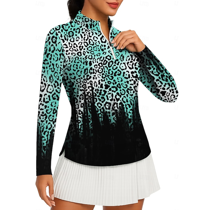 Women's Leopard Gradient Tops Golf Polo Shirt Tennis Shirt Tennis Tee Long Sleeve Print Quarter Zip Pullover UV Protection Elastic Breathable Tennis Golf Pickleball Stand Collar Zip Collar Shirt