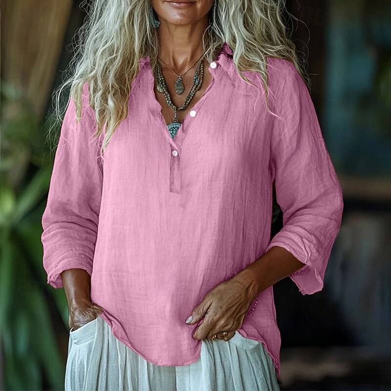 Women's Shirt Blouse Plain Modern Casual Long Sleeve V Neck Regular Tops Daily Holiday Buttons White Pink Purple Green Fall3