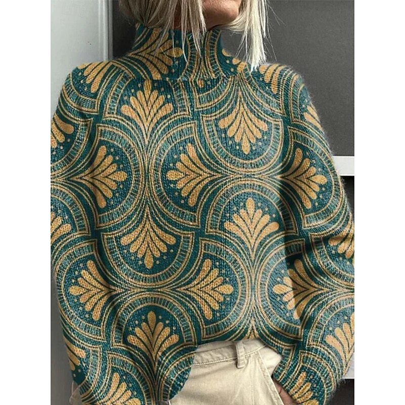 Women's Pullover Vacation Daily Geometric Color Block Ribbed Turtleneck Print Long Sleeve Regular Tops Knit Outdoor Daily Holiday Blue Brown Fall Winter2