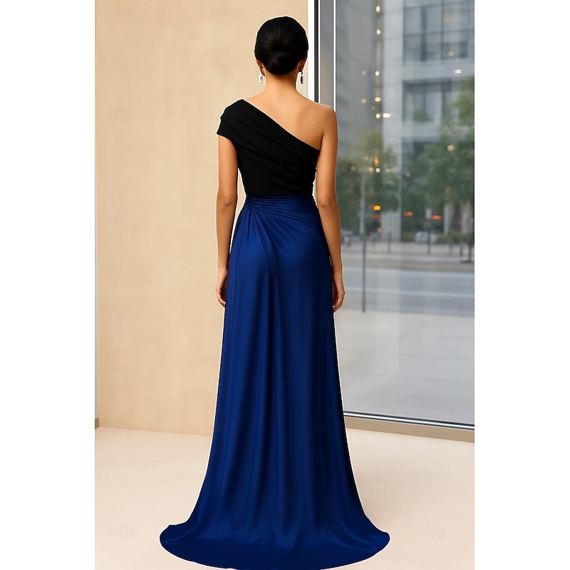 Black Tie Mermaid / Trumpet Evening Gown Elegant Dress Formal Wedding Floor Length Sleeveless One Shoulder Stretch Crepe Satin with Ruched3