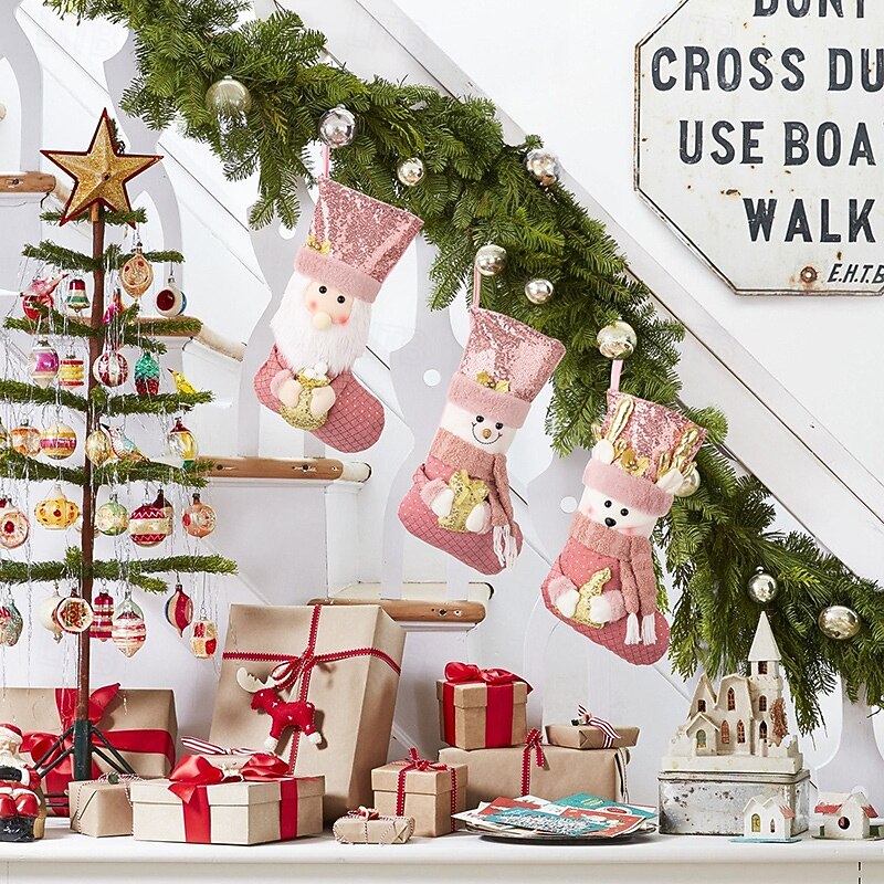 Christmas Stocking European Style Pink Sequin Holiday Sock Luxury Gift Bag for Christmas Presents Home Fireplace Festive Party Seasonal Decoration Accessory2