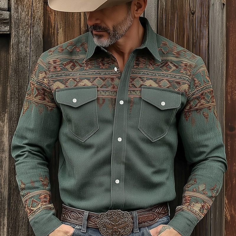 Men's Geometric Ethnic Shirt Western Shirt Cowboy Shirt Long Sleeve Vintage Retro Tribal Outdoor Casual WorkWear Summer Spring Fall Turndown Front Two Pockets Button Up Shirts Dark Green