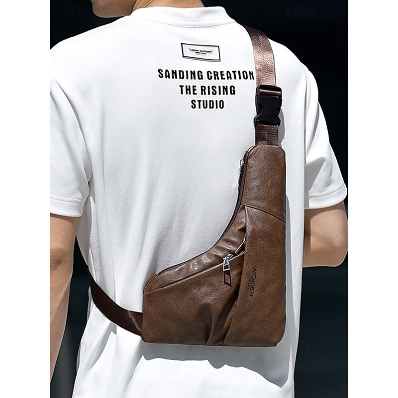 Men's Brown Faux Leather Crossbody Sling Bag – Vintage Chest Shoulder Pack with Adjustable Strap and Multiple Zipper Pockets for Travel, Outdoor and Daily Casual Wear3