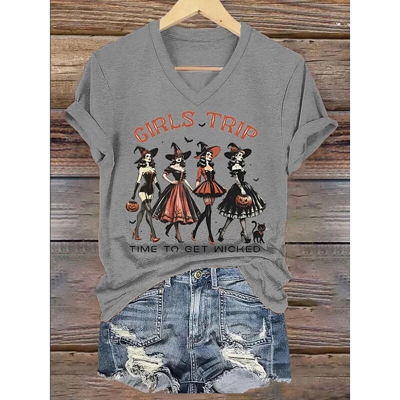 Halloween Women's T shirt Witch Graphic Skull Vintage Stylish Classic Short Sleeve V Neck Regular Tops Daily Print Black White Purple Orange Green Summer Spring3