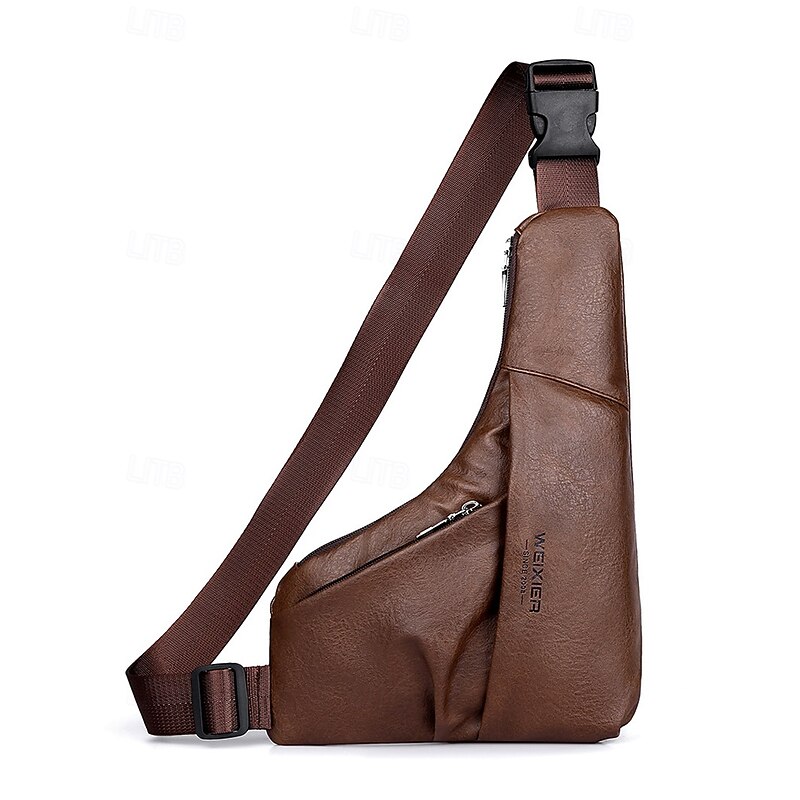 Men's Brown Faux Leather Crossbody Sling Bag – Vintage Chest Shoulder Pack with Adjustable Strap and Multiple Zipper Pockets for Travel, Outdoor and Daily Casual Wear