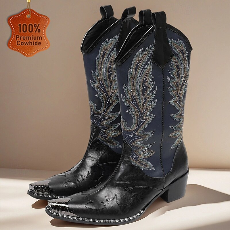 Men's Black Leather Cowboy Boots – Western Style Embroidered Tall Boots for Rodeo, Horse Riding and Country Music Events