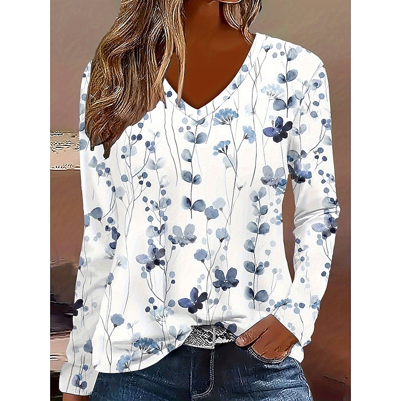 Women's T Shirt Floral Graphic Plants Vintage Stylish Classic Long Sleeve Crew Neck V Neck Round Neck Regular Tops Daily Print Blue Spring Fall Winter