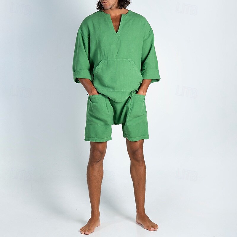 Men's T-shirt Suits 2 Pieces Outfits Tee & Shorts Long Sleeve V Neck Summer Spring Plain Fashion Casual 2 Piece Front Pocket Vacation Daily Wear Going out Yellow Blue Green Top Tee for Men2