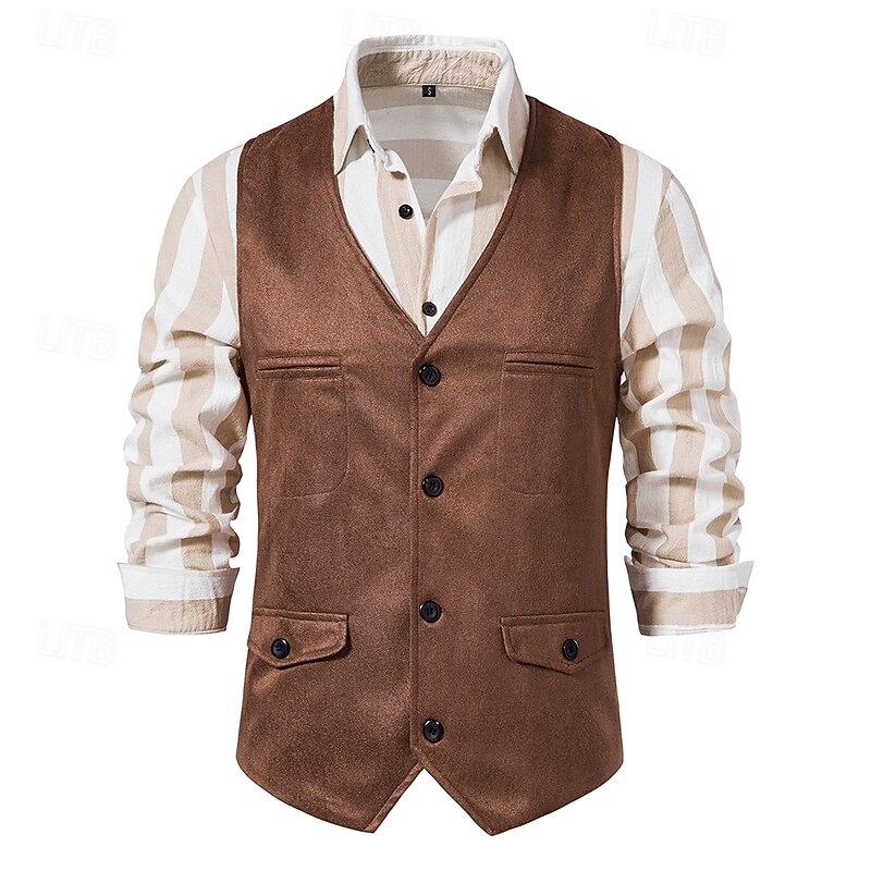 Men's Faux Suede Vest Waistcoat Formal Wedding Vacation Casual Western Style Smart Casual Spring Fall Pocket Buttons 95% Polyester 5% Spandex Faux Suede Comfortable Plain Herringbone Single Breasted3