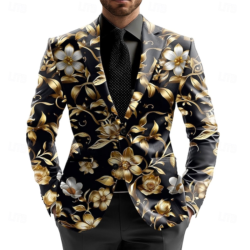 Men's Blazer Jacket Formal Stylish Casual Daily All Seasons 100% Polyester Weaving Floral 3D Print Buttons Comfortable Single Breasted Blazer Yellow Light Purple Purple Gold