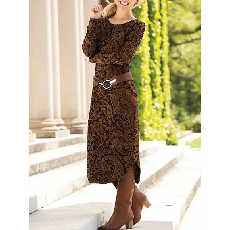 Women's Midi Dress Sheath Dress Shift Dress Casual Daily Regular Fit Graphic Paisley Abstract Long Sleeve Crew Neck Red Blue Brown Spring Fall Winter2