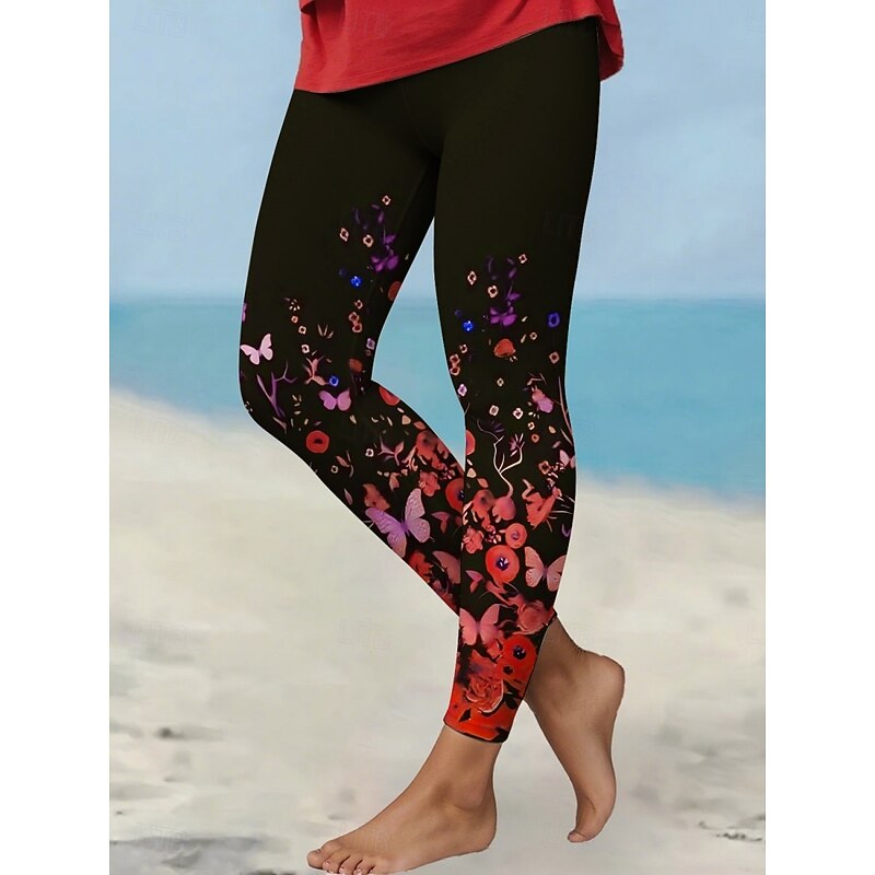 Women's Pants Trousers Leggings Streetwear Casual Full Length High Waist Floral Elastic Waist Print Breathability Comfortable Stretchy Vacation Street Daily Wear Yellow Red Purple Fuchsia Summer4