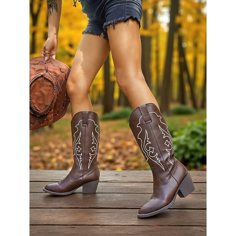 Women's Mocha Brown Western Cowboy Boots with White Embroidered Details and Block Heels, Bohemian Western Style Footwear2