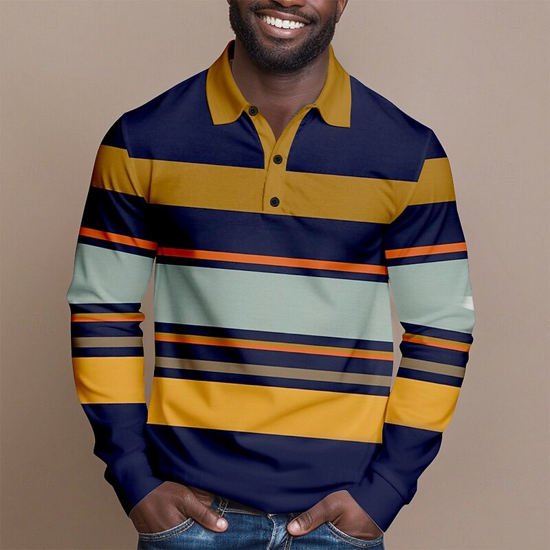 Men's Stripes Polo Rugby Polo Shirts Long Sleeve Polo Shirts Collared Shirts Casual Outdoor Athleisure 3D Print Spring Fall Yellow