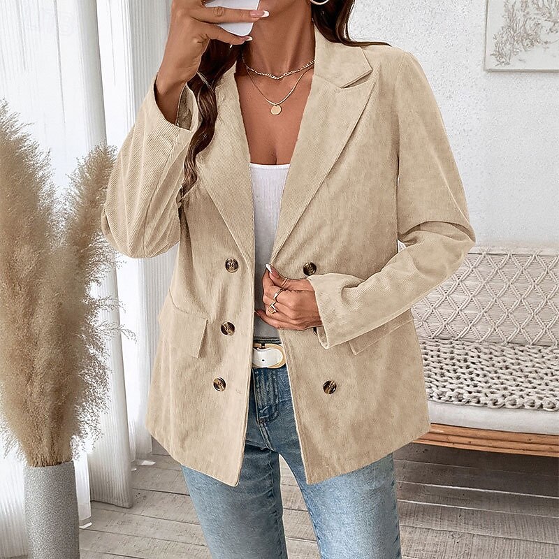 Women's Blazer Comfortable Buttons Elegant Vintage OL Style Clean Fit Plain School Formal Work Casual Double Breasted Short Peaked Lapel Regular Fit Long Sleeve Outerwear Coffee brown Apricot Spring3
