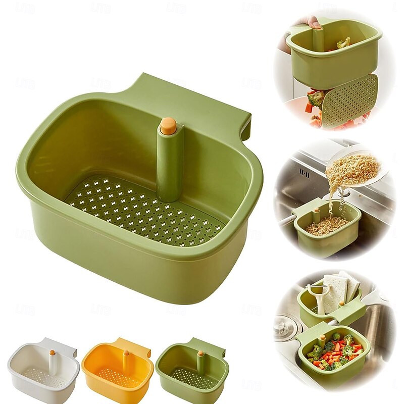 One-Button Opening and Closing Hanging Sink Corner Rack Multi-Use Veggie Washer/Dishwasher Holder Suitable for Kitchen, Fruit & Vegetable Storage and Soup Strainer2