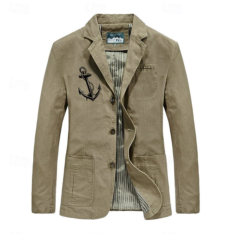 Men's Anchor Blazer Cotton Suit Jacket Suits Coat Casual Outdoor Dailywear Multiple Pockets Three Button Stripe Lined Suit Jacket Fall Winter Notch lapel collar Long Sleeve Black khaki Army Green2
