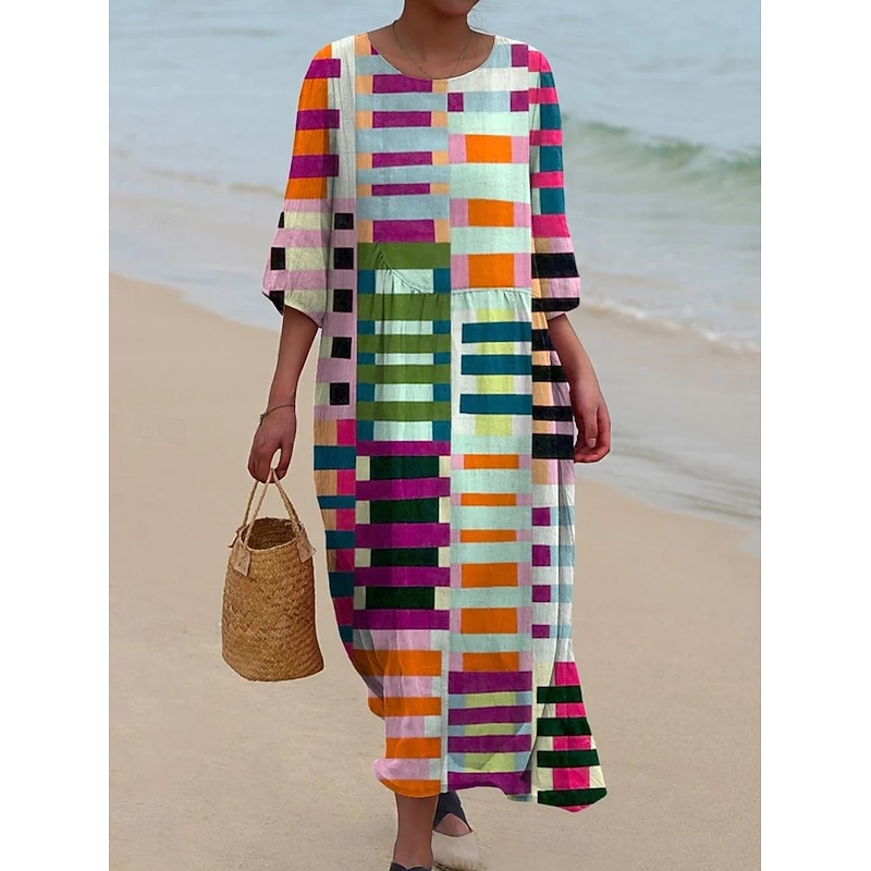 Women's Maxi Dress Kaftan 3/4 Length Sleeve Crew Neck Casual Shift Dress Dress Boho Daily Holiday Date Graphic Geometric Yellow Blue Rainbow Spring Fall