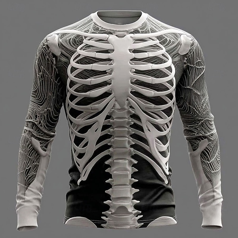 Halloween Men's 3D Skeleton T Shirt Long Sleeve T shirt 3D Print Crew Neck Shirt Fashion Exaggerated Street Casual Daily Black 4 Black 1 Black 3 Summer Spring Fall Clothing Apparel S M L XL XXL XXXL