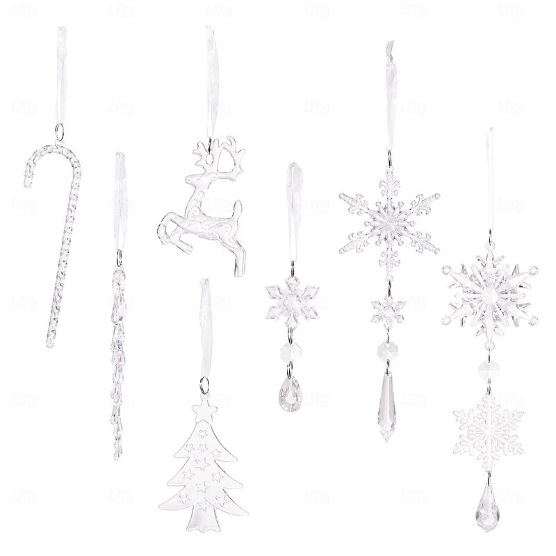 14Pcs Christmas Tree Crystal Ornaments Snowflakes Decorations, Clear Acrylic Snowflake Hanging Ornaments with Icicle Drop Reindeer for Xmas Tree Winter Holiday Wedding Home Party Decor4