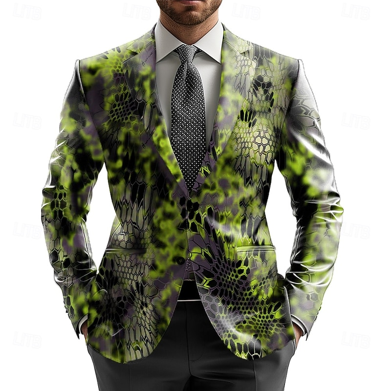 Men's Blazer Jacket Formal Stylish Casual Daily All Seasons 100% Polyester Weaving Graphic 3D Print Buttons Comfortable Single Breasted Blazer Light Green Blue Green3