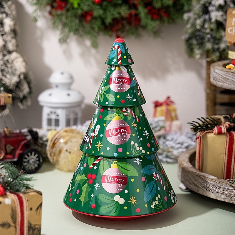 Christmas Cookie Tins with Lids for Gift Giving Xmas Tin Containers Green Christmas Tree Shaped Metal Storage Box Holiday Candy Biscuit Packaging Box Festive Party Decoration Accessory
