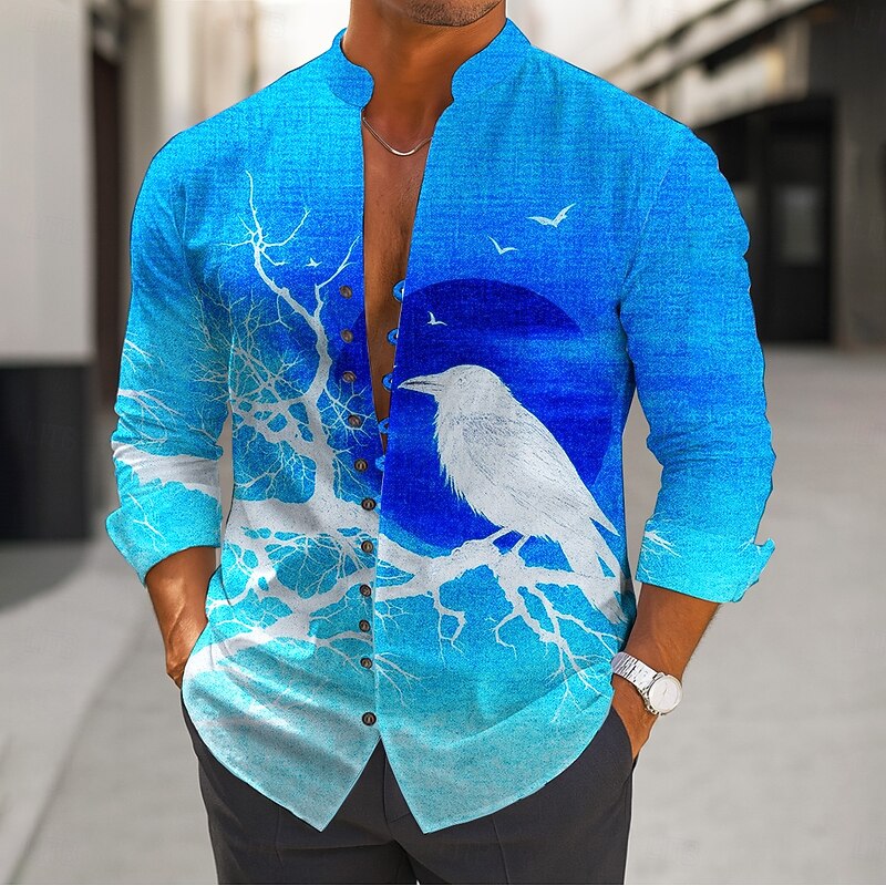 Halloween Men's Spooky Moon Crow Halloween Costumes Shirt Stand Collar Shirt Long Sleeve Dark Gothic Style Outdoor Holiday Spring Fall Mandarin Collar Band Collar Button-Down Linen Like Shirt Blue2